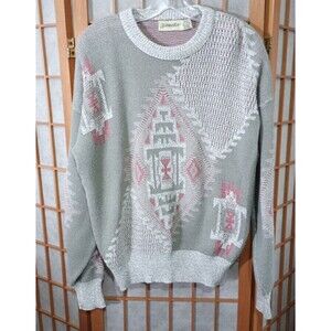 St Johns Bay Southwest Knit Sweater L 42-44 Gray 100% Cotton USA Vintage